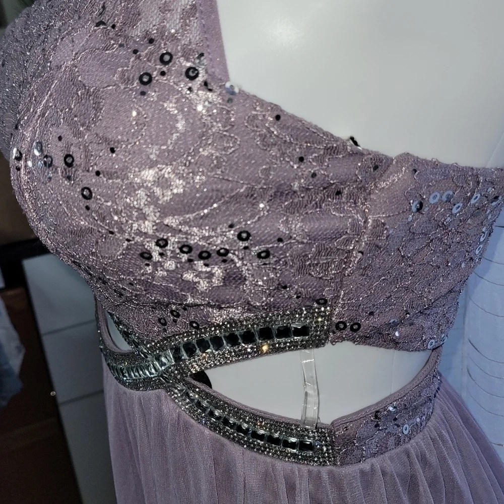 Sequin Cut Out Embellished Waist Gown Maxi Dress Purple Silver - Picture 6 of 12